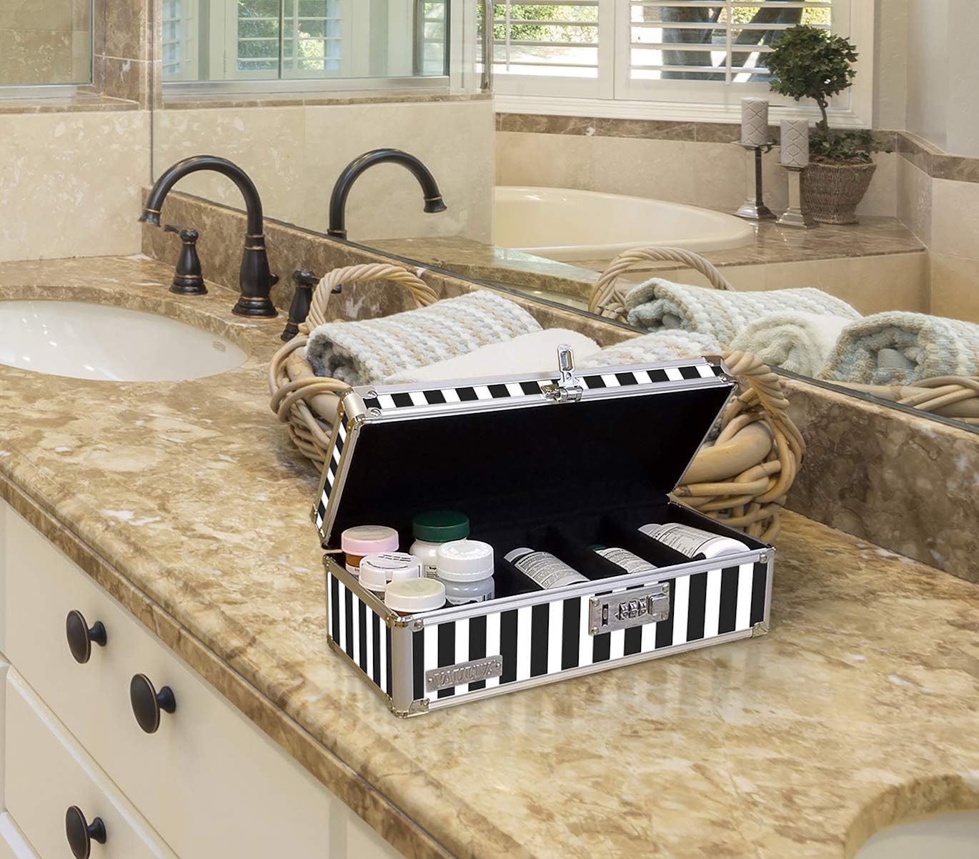 Vaultz Locking Medicine Storage Box with Combination Lock, 3.75" x 11.88" x 5.25", Black & White Stripe (VZ00345) : Office Products