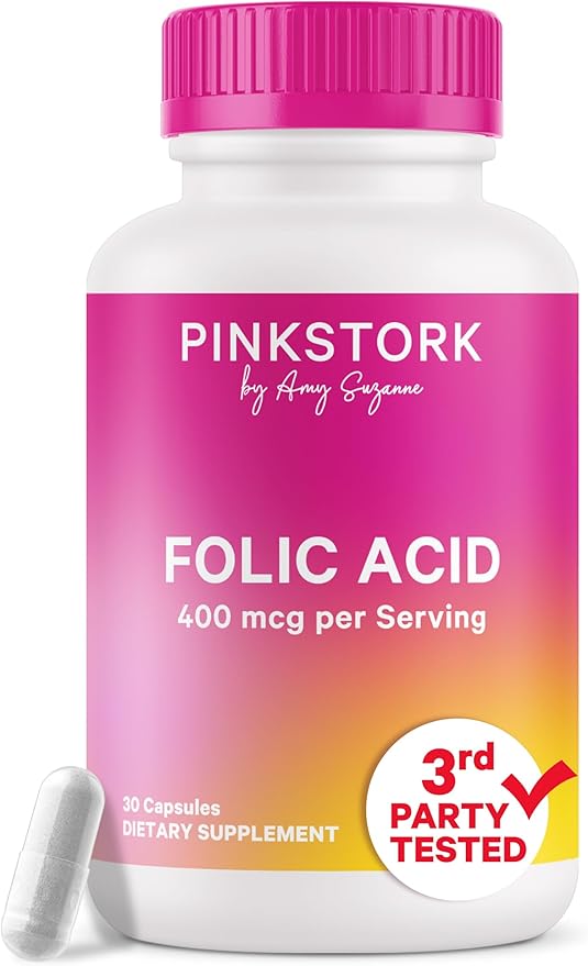 Pink Stork Folic Acid Supplement for Women – 400mcg, Daily Vitamin B9 for Prenatal & Fertility Support, Supports Red Blood Cell Formation & Energy – 30 Vegetarian Capsules