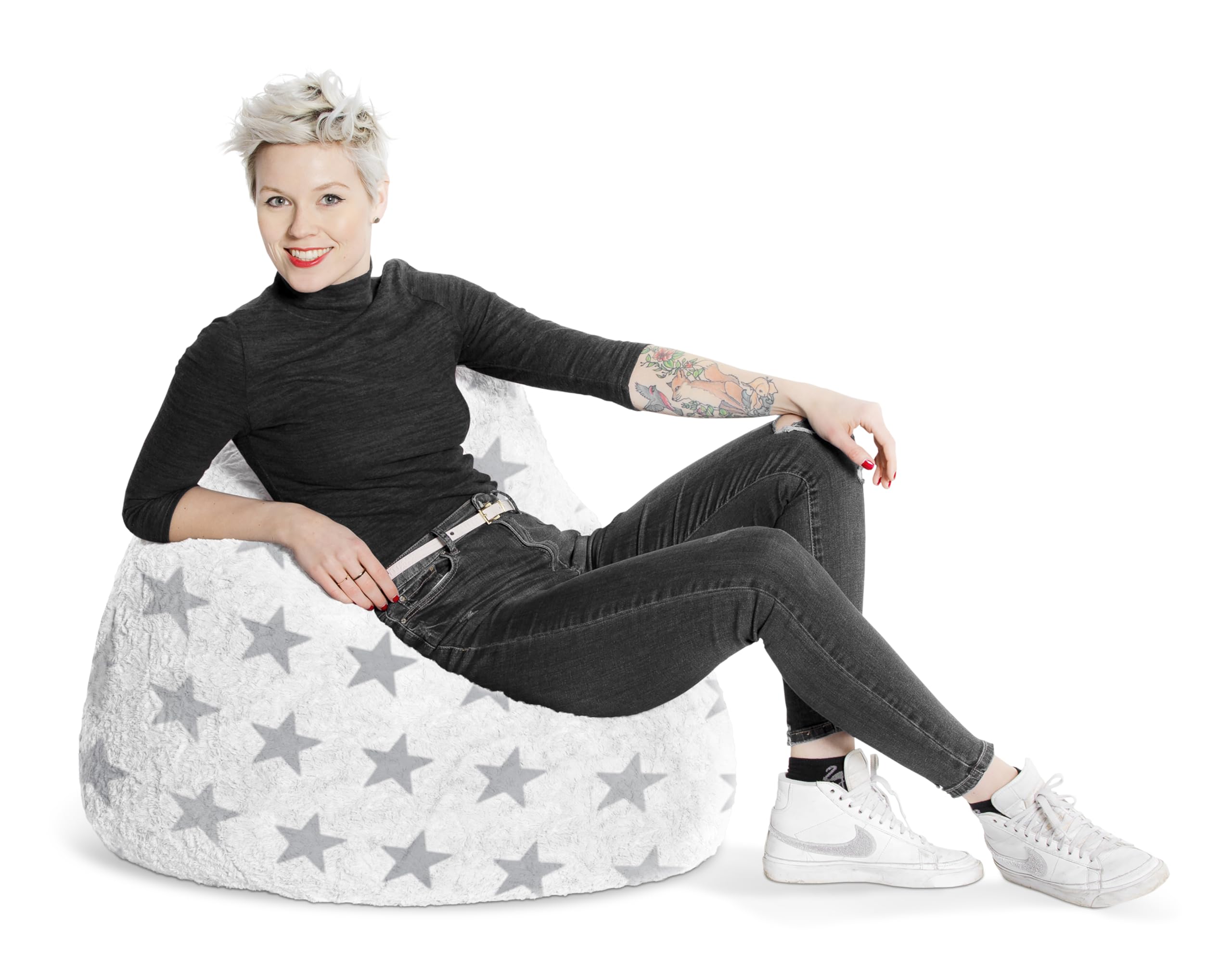 Gouchee Home Fluffy Stars Collection Faux Fur Upholstered Bean Bag Chair, White - Sofa Chair for Kids and Adults, Comfy Chair for Bedroom and Living Room Furniture, Lounge Chair, X-Large