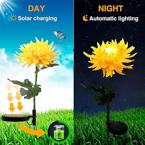Miniatura 4 de Luces solares de estaca de jardín para exteriores, paquete de 3 luces LED decorativas impermeables con flores de crisantemo para caminos, pasarelas,