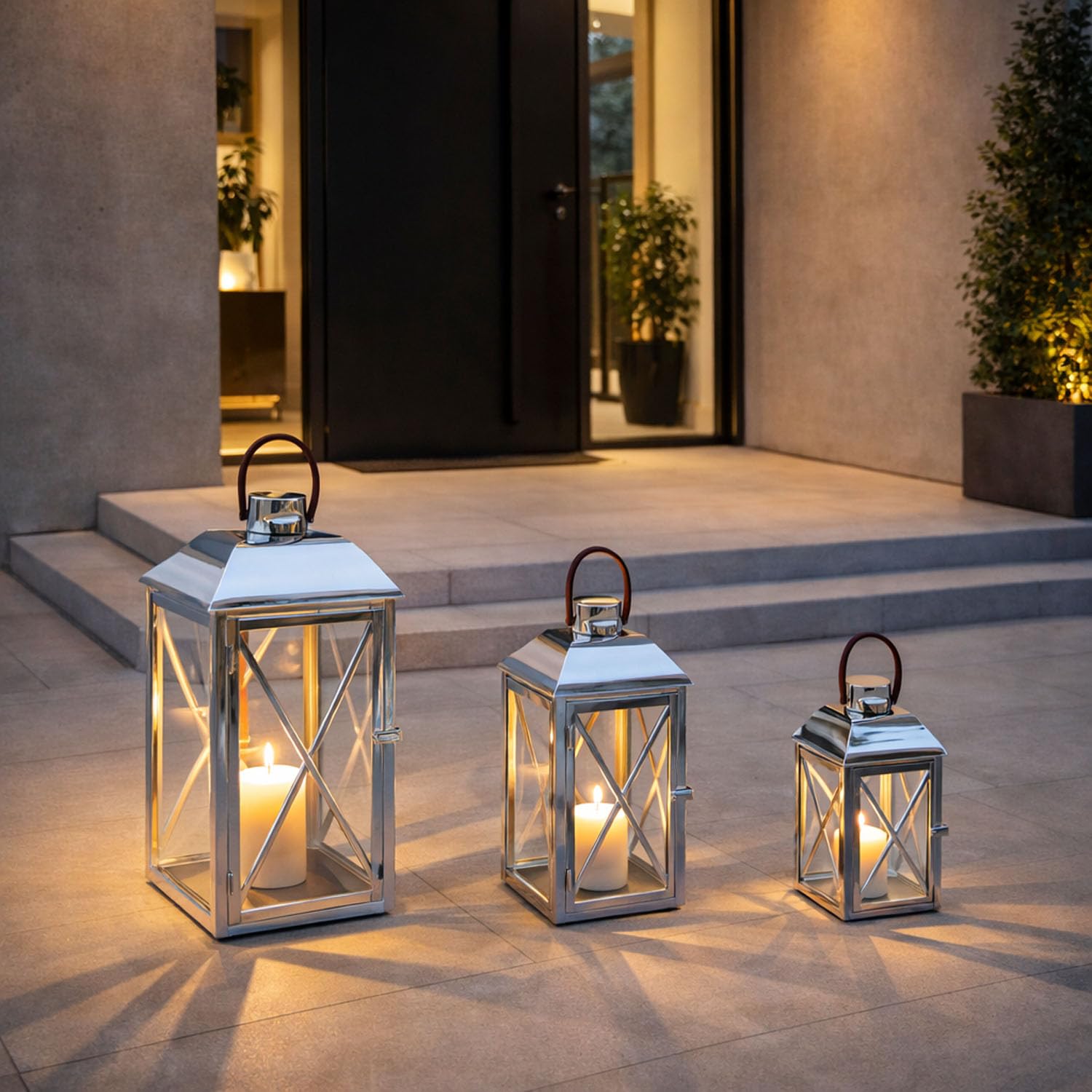 Mojawo 3er Set XL Gartenlaterne Edelstahl Glas Windlicht Kerzenhalter Laternen mit Seilgriff H25/35/49cm