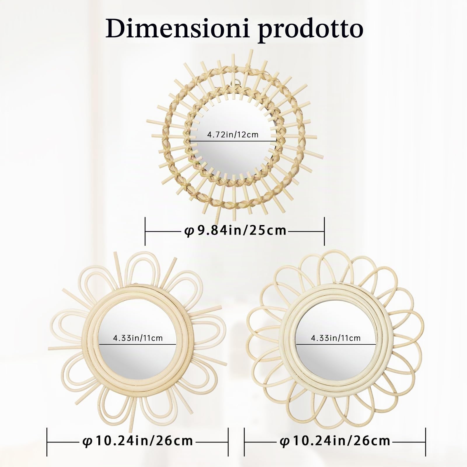 Oairse Specchio da parete rotondo in rattan, 3 pezzi, specchio in legno rustico, specchio decorativo da appendere per casa, bagno, soggiorno, ingresso, camera da letto