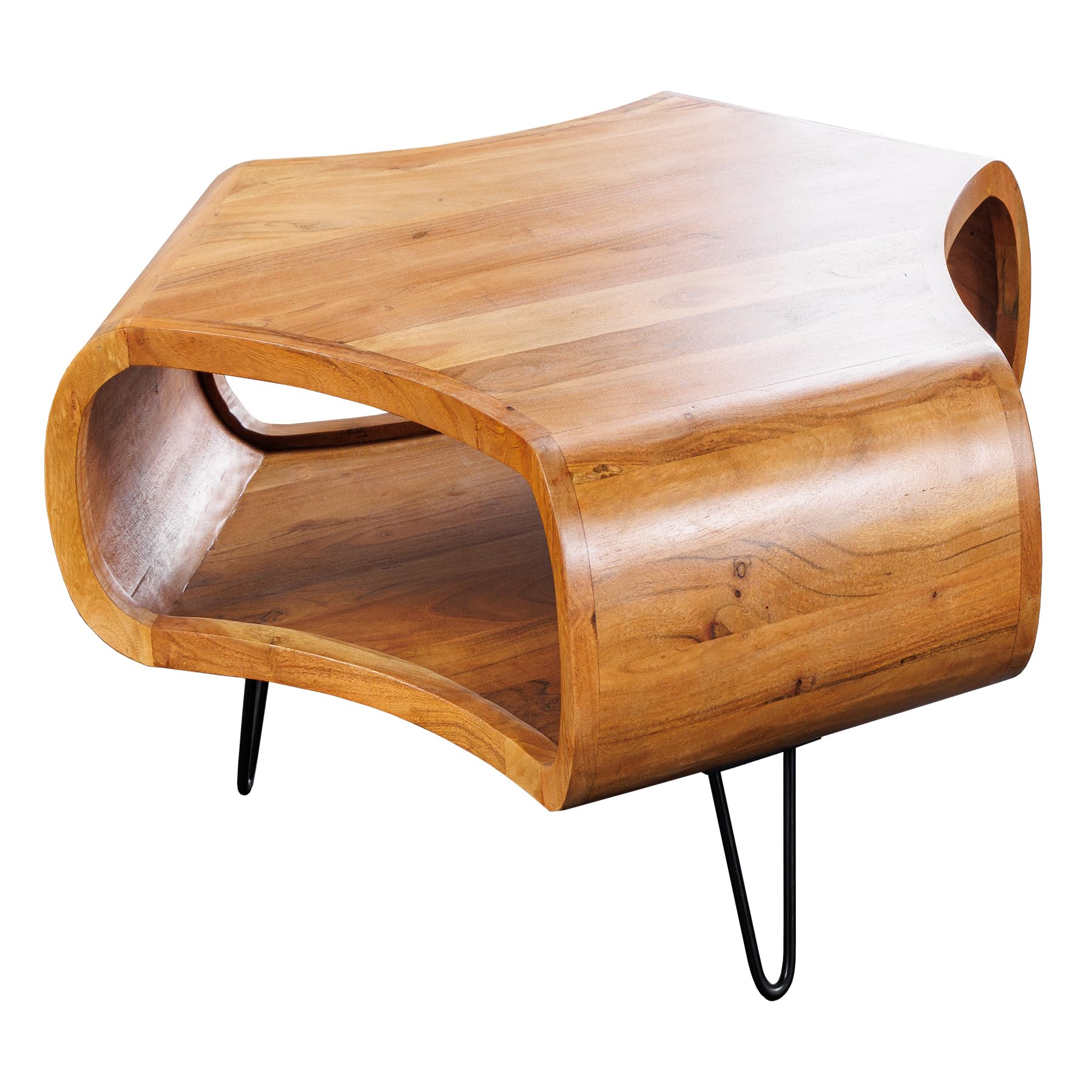 Riess Ambiente Couchtisch Organic Living 70cm - schwarz braun - Akazienholz | Massiv, Stauraum, hochwertig, individuelle Maserung, natürliche Optik, Hairpin-Design, Ablagefach, Metallgestell