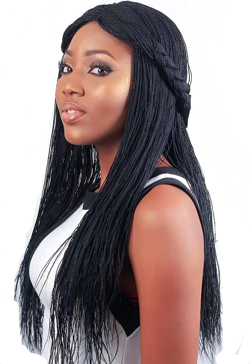Knotless Braided Wigs for Black Women Heat Resistant Fiber Soft Synthetic Short Bob Box Braided Wig with Bangs African American Braided Wigs (22 inches, Middle Part Black)