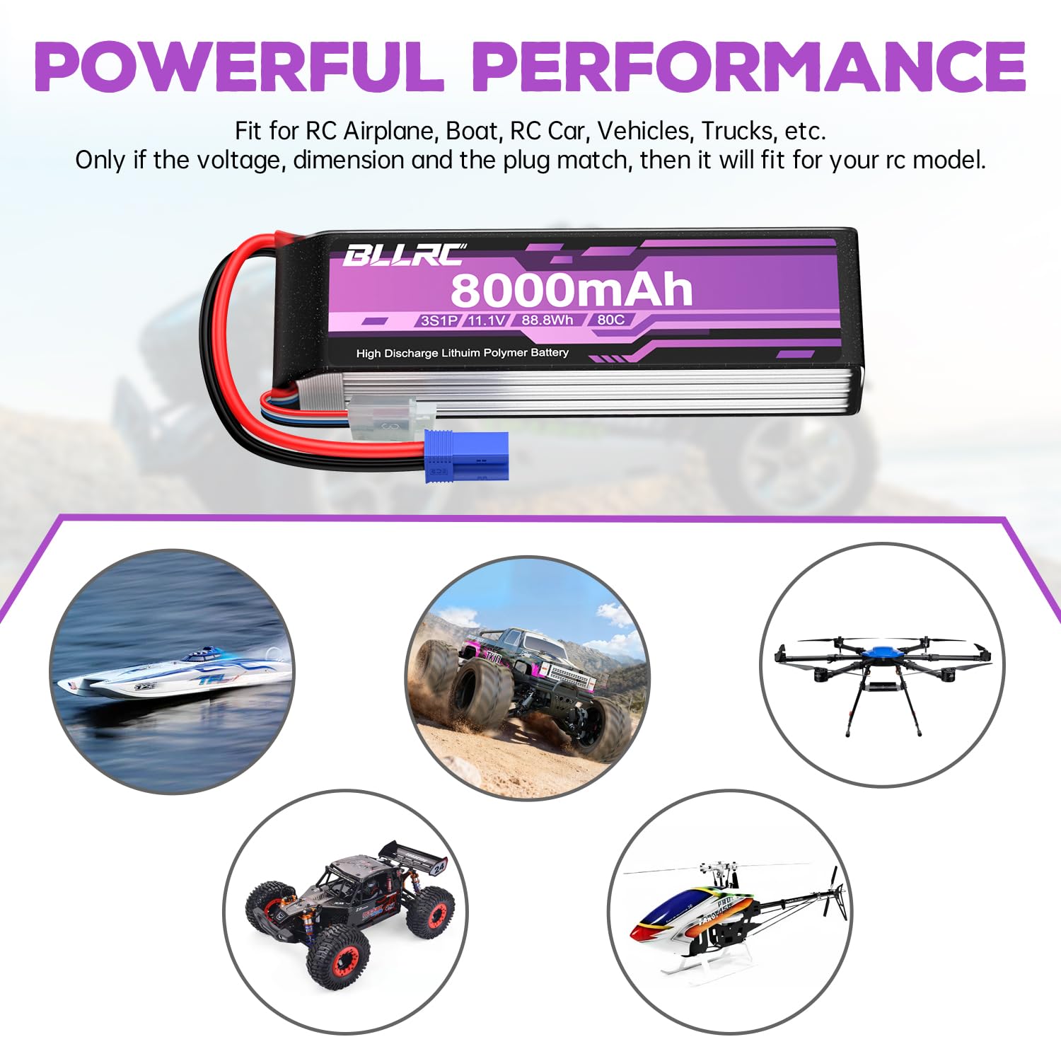 1PCS 3S 11.1V 80C 8000mAh LiPo batería con Conector EC5 para Camiones RC, vehículos Todo Terreno, cuadrocópteros, fotodrones y helicópteros