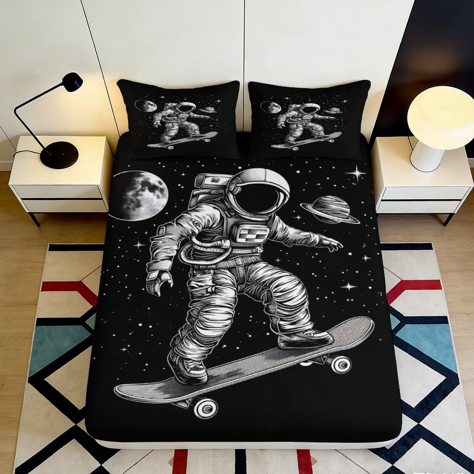 Pnayamiorkfel Style-4 3D Printed Astronaut Skateboard Fitted Sheet Microfiber Soft Breathable Space Planet Bed Cover For Bedroom Decor 90X200x25cm