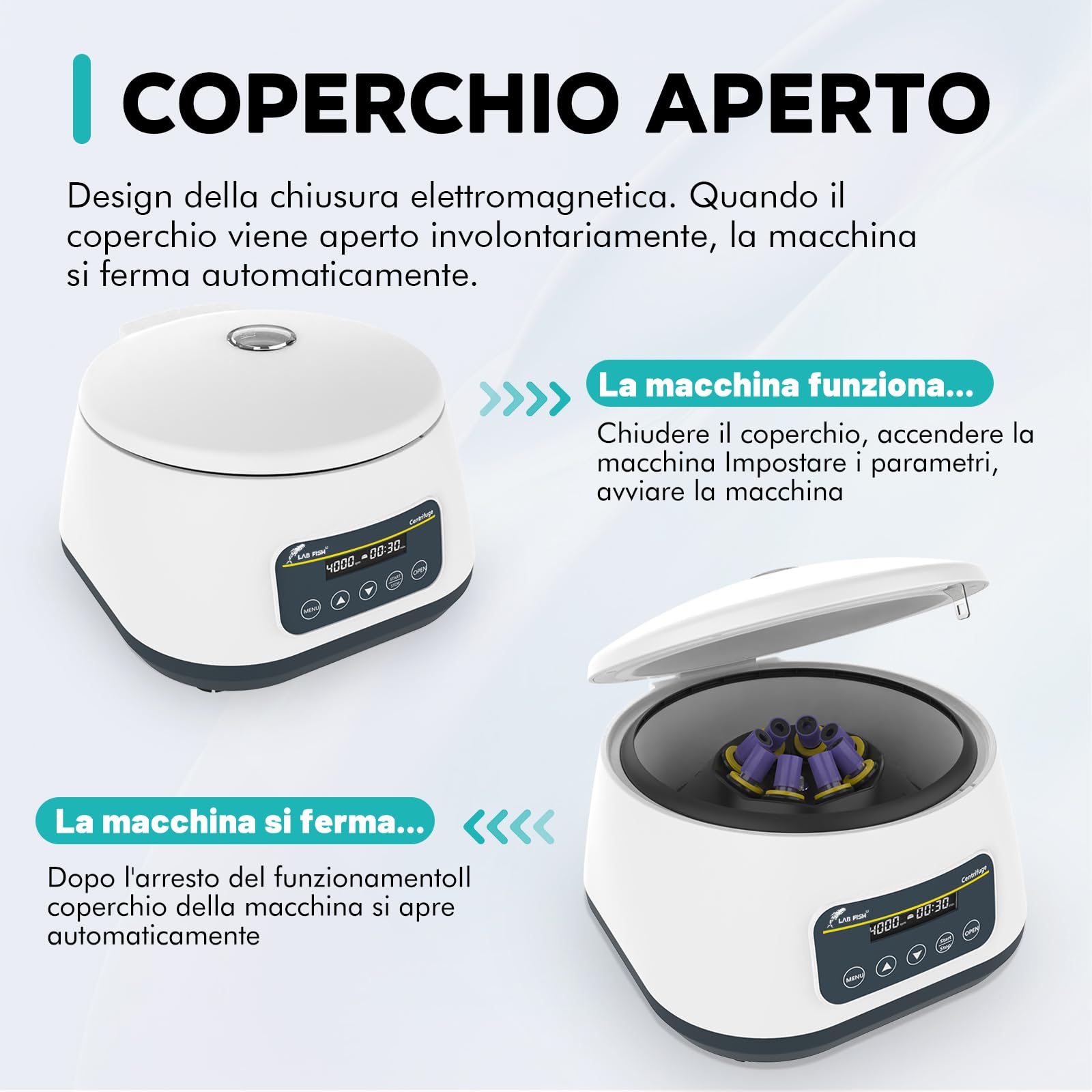 LAB FISH LC-400 Centrifuga da Laboratorio Bassa Velocità per PRP/PRF, 4000 RPM, 1717 xg, Timer 30s-59min, per 4x15ml o 8x2/5/10ml Tubi