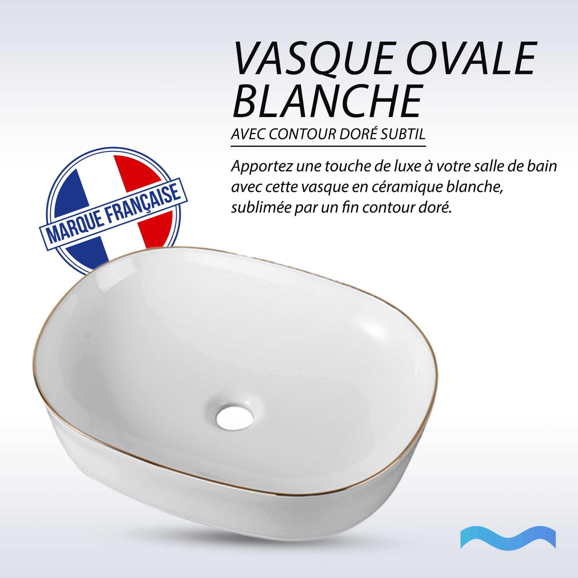 Vasque à Poser Ronde Ovale Blanche avec Liseré Doré - Lavabo Élégant en Céramique - Design pour Salle de Bain Moderne ou Industrielle - Idéal pour Plan de Travail ou Meuble Suspendu