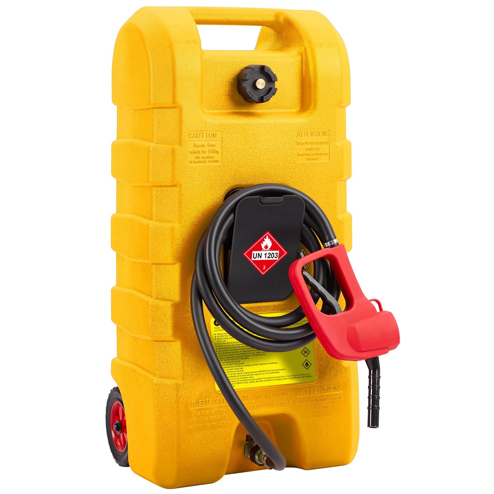 57L Portable Fuel Caddy with Wheels - Heavy-Duty Petrol & Diesel Storage Tank with Manual Siphon Pump & 3m Hose - Mobile Fuel Station for Boats, Cars, Lawnmowers, Generators & ATVs (Yellow)