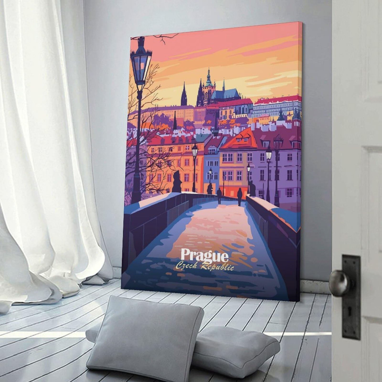 Junmoney Prague Cityscape Decorative Canvas Print 20x30inch(50x75cm), for Corridors, Hallways Or Apartment Entries, Decorative Wall Art for Narrow Spaces