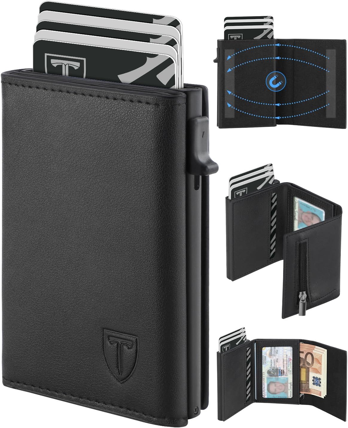 TEEHON Portafoglio Uomo Slim Portacarte in Pelle con Protezione RFID Porta Carte di Credito Uomo Piccolo Porta Tessere con Portamonete e Scomparti Banconote - Confezione Regalo - NERO (A-05)