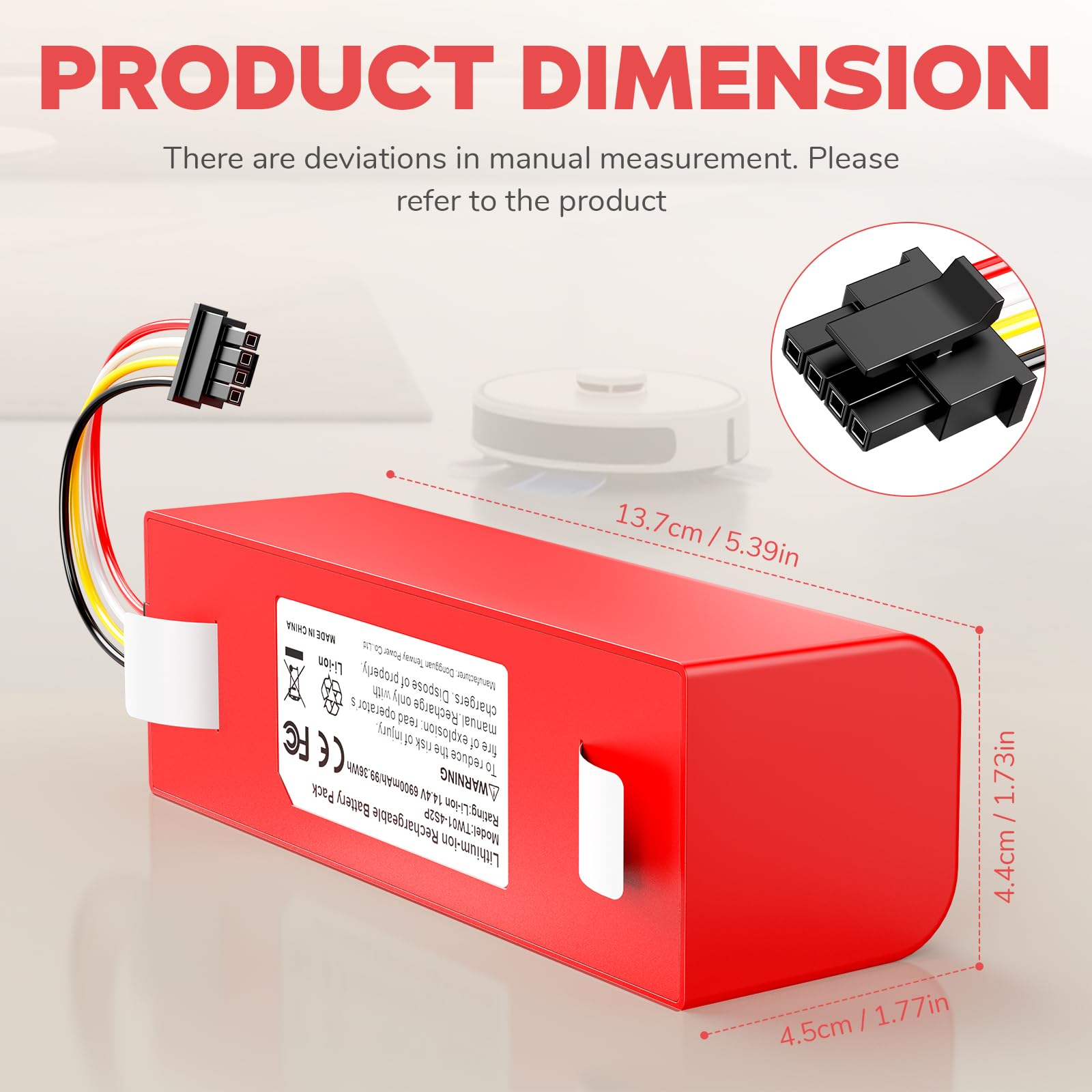 vhbw Batterie Compatible avec Xiaomi Roborock S5 S50 S502-00 Ruby-S, S5 S51 S512-00 Ruby-S Robot électroménager (5200mAh, 14,4V, Li-ION