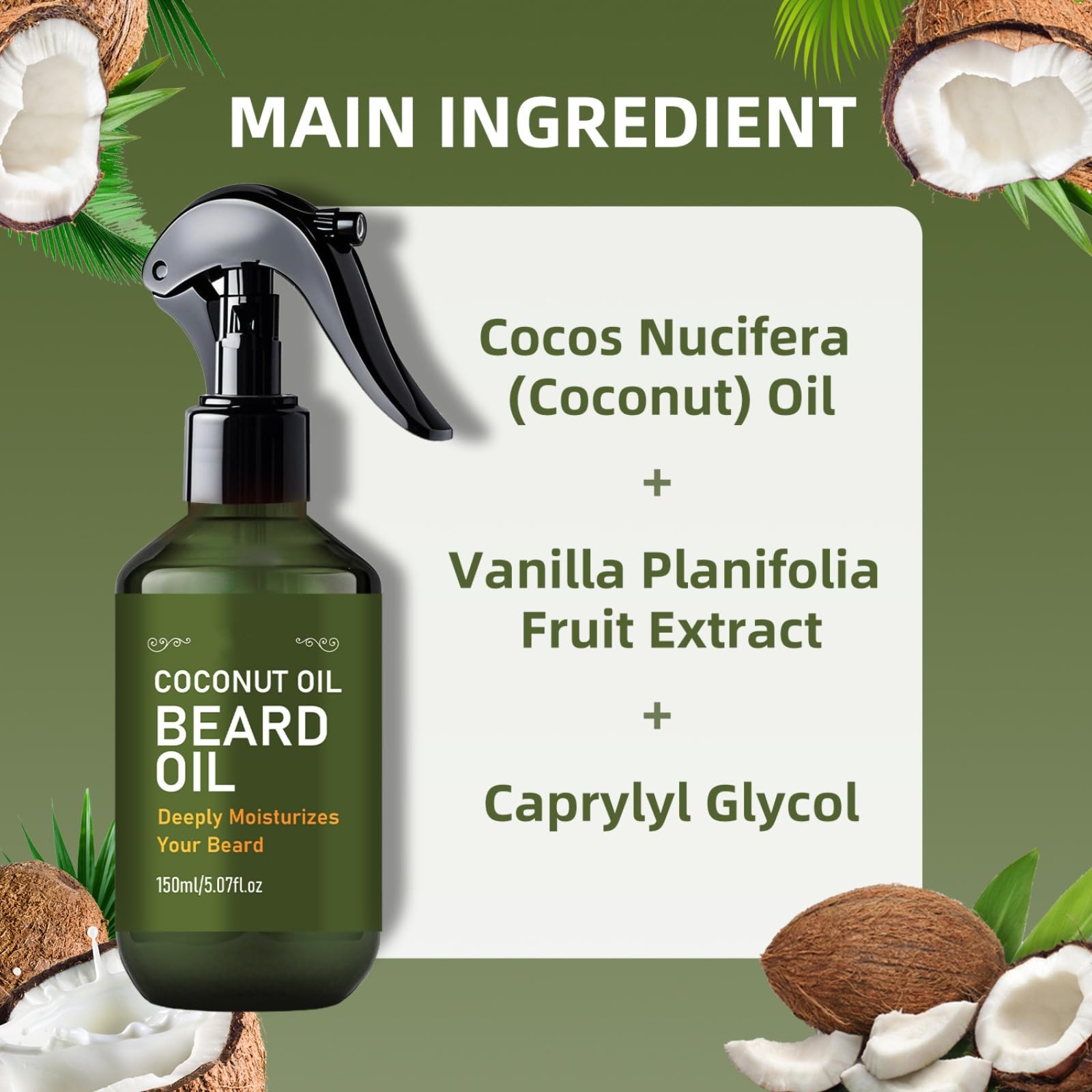 Spray per barba con olio di cocco per uomo, olio smischiante leggero per la barba, arricchito con vaniglia e orchidea, cura senza risciacquo ad assorbimento rapido, idrata e disciplina, 150 ml
