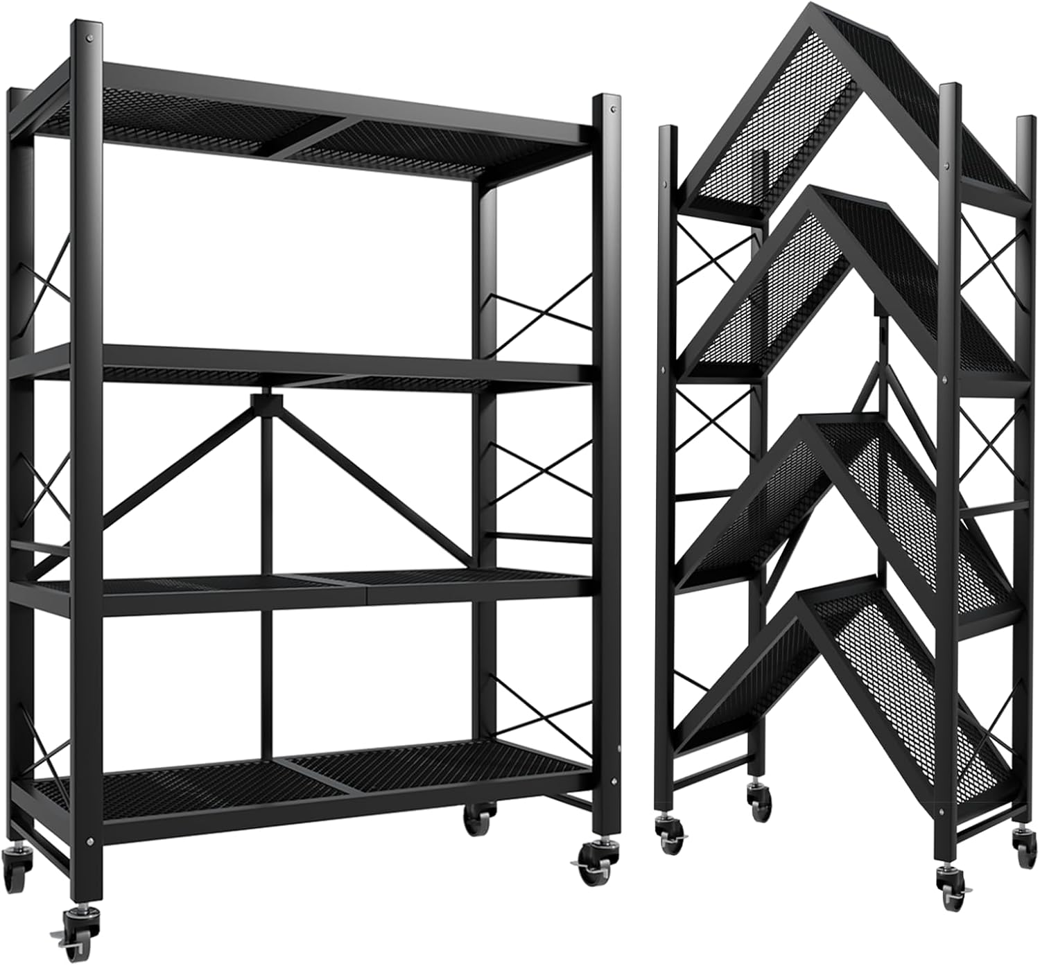 4 Tier Folding Shelf with Wheels, Heavy Duty Metal Storage Shelves, Collapsible Organization Rack for Garage, Kitchen, Pantry, Basement (39" Lx13 Wx49 H, 4-Tier)