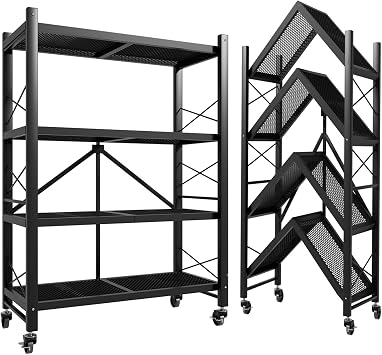 Folding Shelves with Wheels No Assembly, Foldable Metal Shelf Storage Rack for Kitchen, Garage, Vendor Display Events 4-Tier