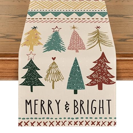 Artoid Mode Xmas Trees Merry Bright Boho Christmas Table Runner, Seasonal Kitchen Dining Table Decoration for Outdoor Home Party 13x72 Inch