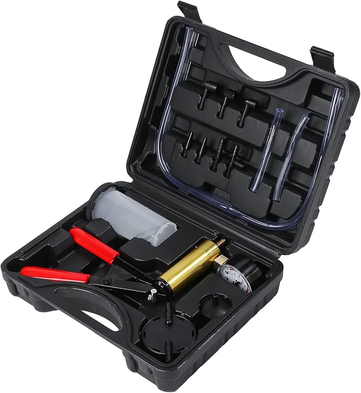 2 in 1 Brake Bleeder Kit with Hand Vacuum Pump with Gauge Adapters Automotive Brake Fluid Bleeding Set with Protected Case for Car Truck （Black）