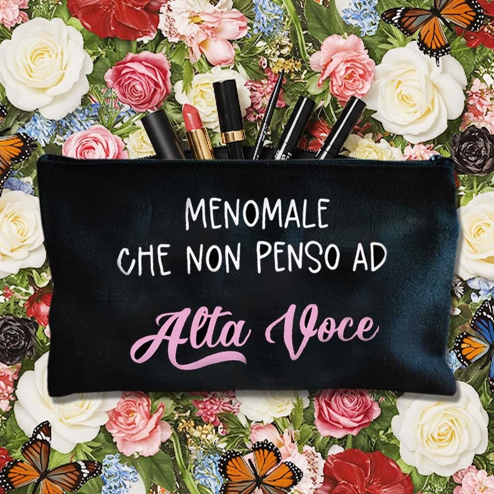 Pochette con scritta Menomale che non penso ad alta voce, astuccio con frase divertente