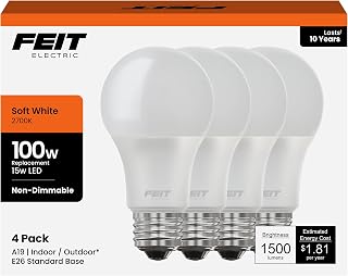 Feit Electric A19 LED Light Bulbs, 100W Equivalent, 1500 Lumens, Soft White 2700K, 15W, 11,000-Hour Lifespan, General Purpose Indoor/Commercial Use, A1600/827/10KLED/4, 4 Pack