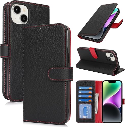 Vista 136 de Zouzt Funda para iPhone 11 de 6.1 pulgadas de piel auténtica con 4 ranuras para tarjetas, tarjetero con bloqueo RFID, tapa magnética, función atril