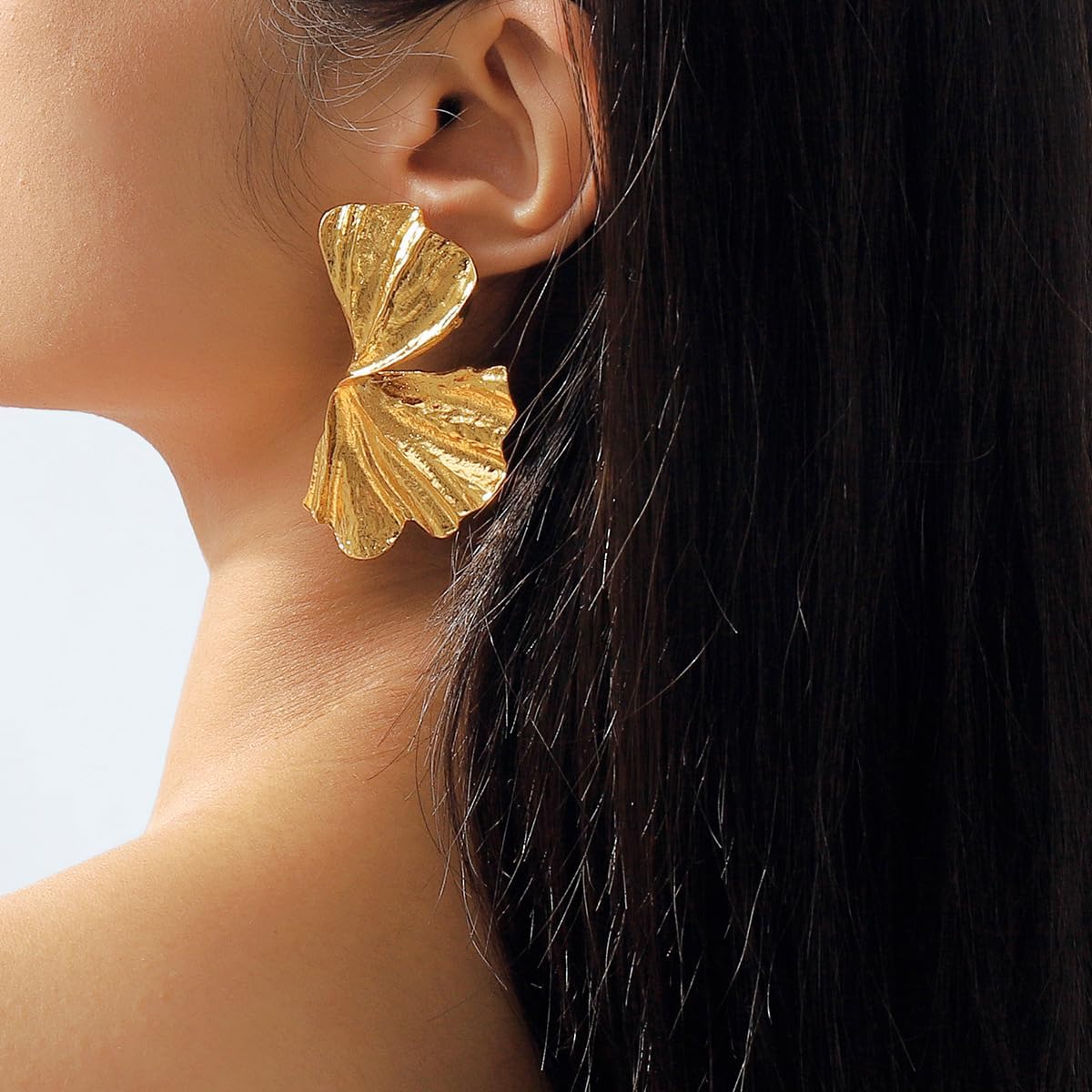 Chunky Gold Texture Big Flower Stud Earring for Women Large Floral Earrings Chic Petals Leaf Shell Angel Wings Earrings Statement Stylish Pretty Jewelry Beachy Vacation Metal Boho Jewelry - Image 2