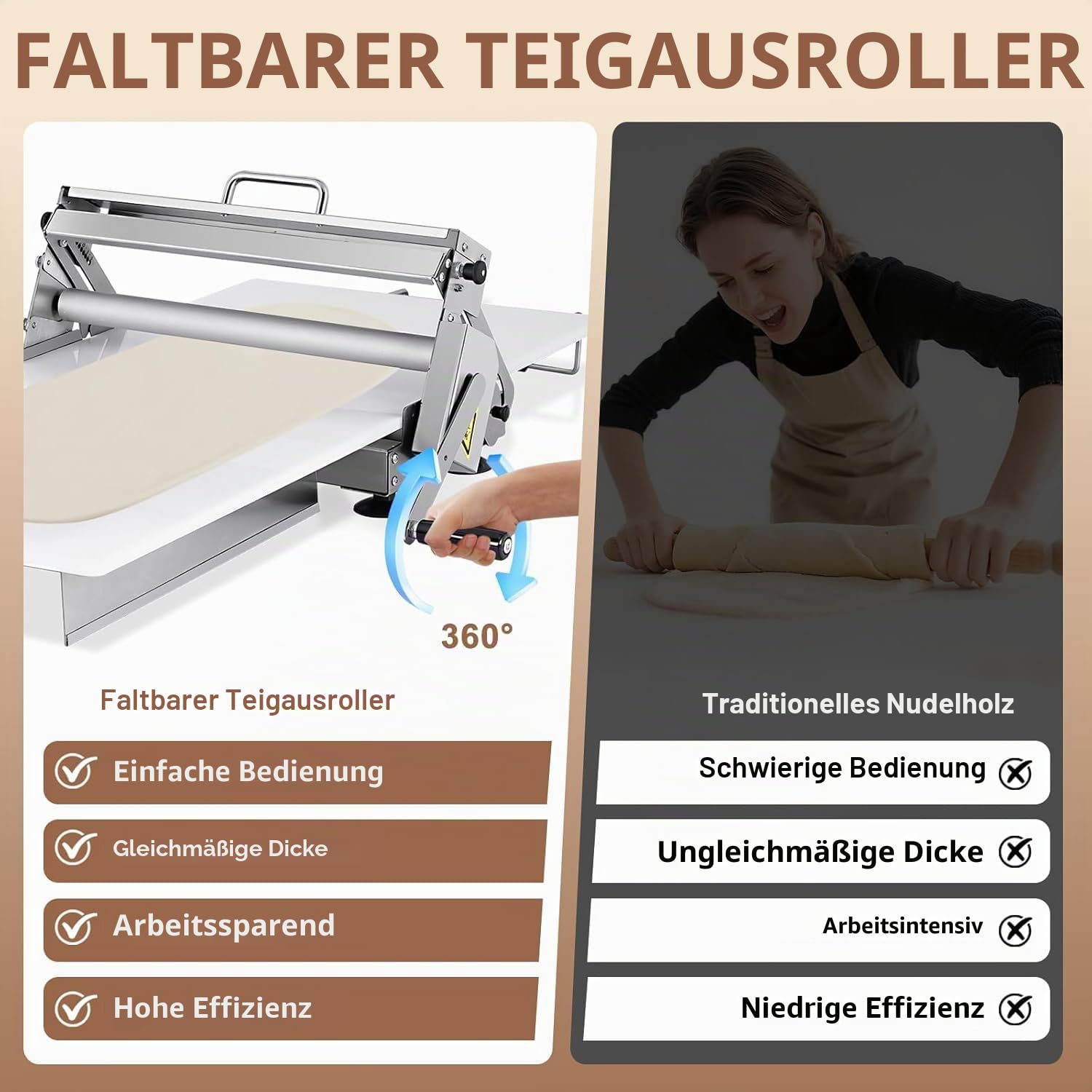 Teigausroll Blätterteig Maschine, Teigausrollmaschine, Mit Großem Ausrollbrett Und 360°-Rollengriff, Einstellbare Pressstärke Von 0-25,0 Mm, Edelstahl 400