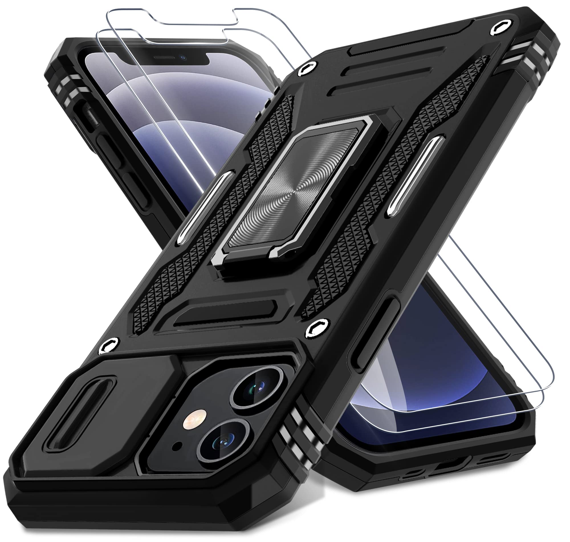 DEERLAMN Case for iPhone 12/12 Pro with Slide Camera Cover+Screen Protector(2 Packs),Rotated Ring Kickstand Military Grade Shockproof Protective Cover-Black