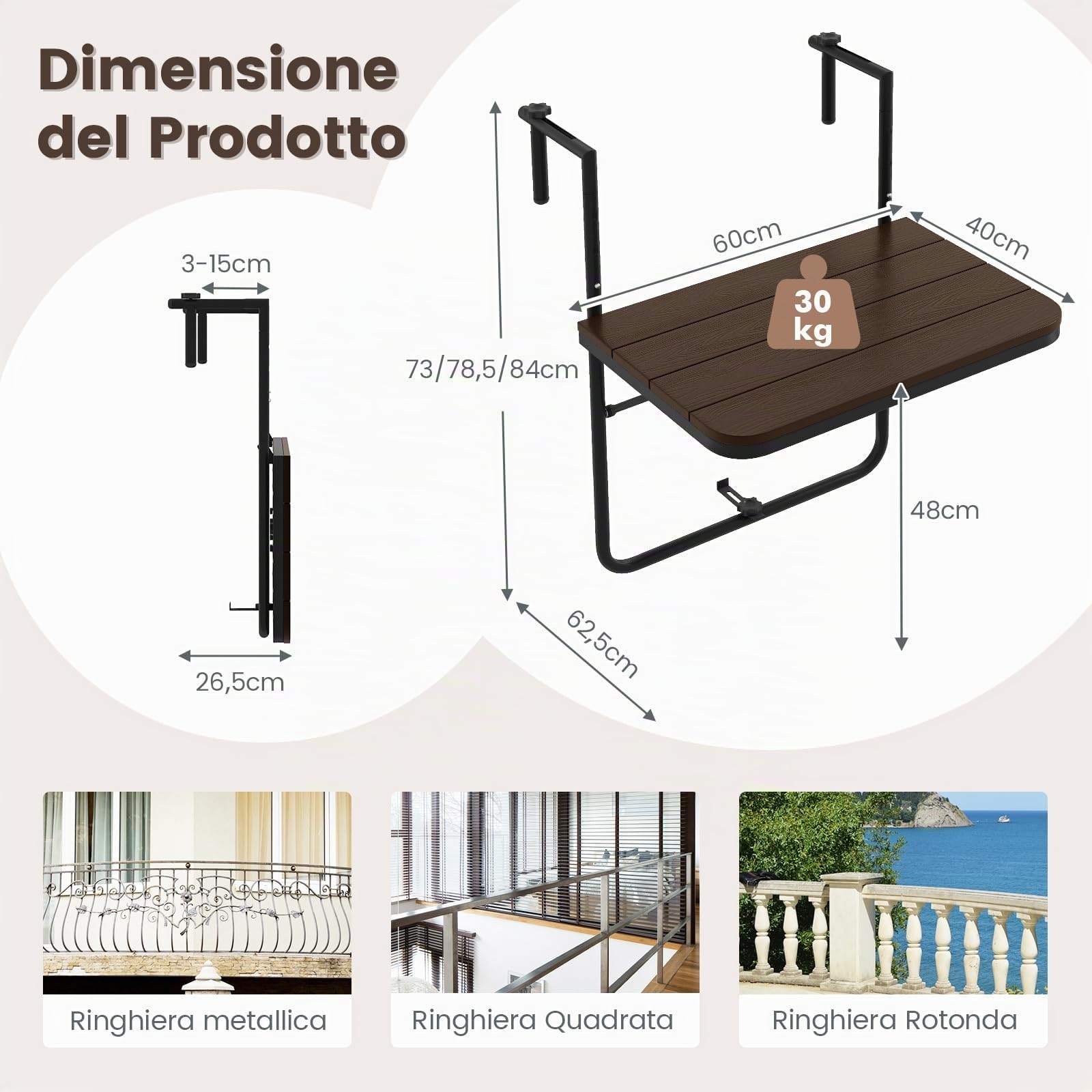 COSTWAY Tavolino Pieghevole da Balcone, Regolabile in Altezza, Tavolo da Appendere Adatto a Ringhiera da 3-15 cm, 62,5x60x84 cm, per Giardino Esterno Terrazzo (Marrone)