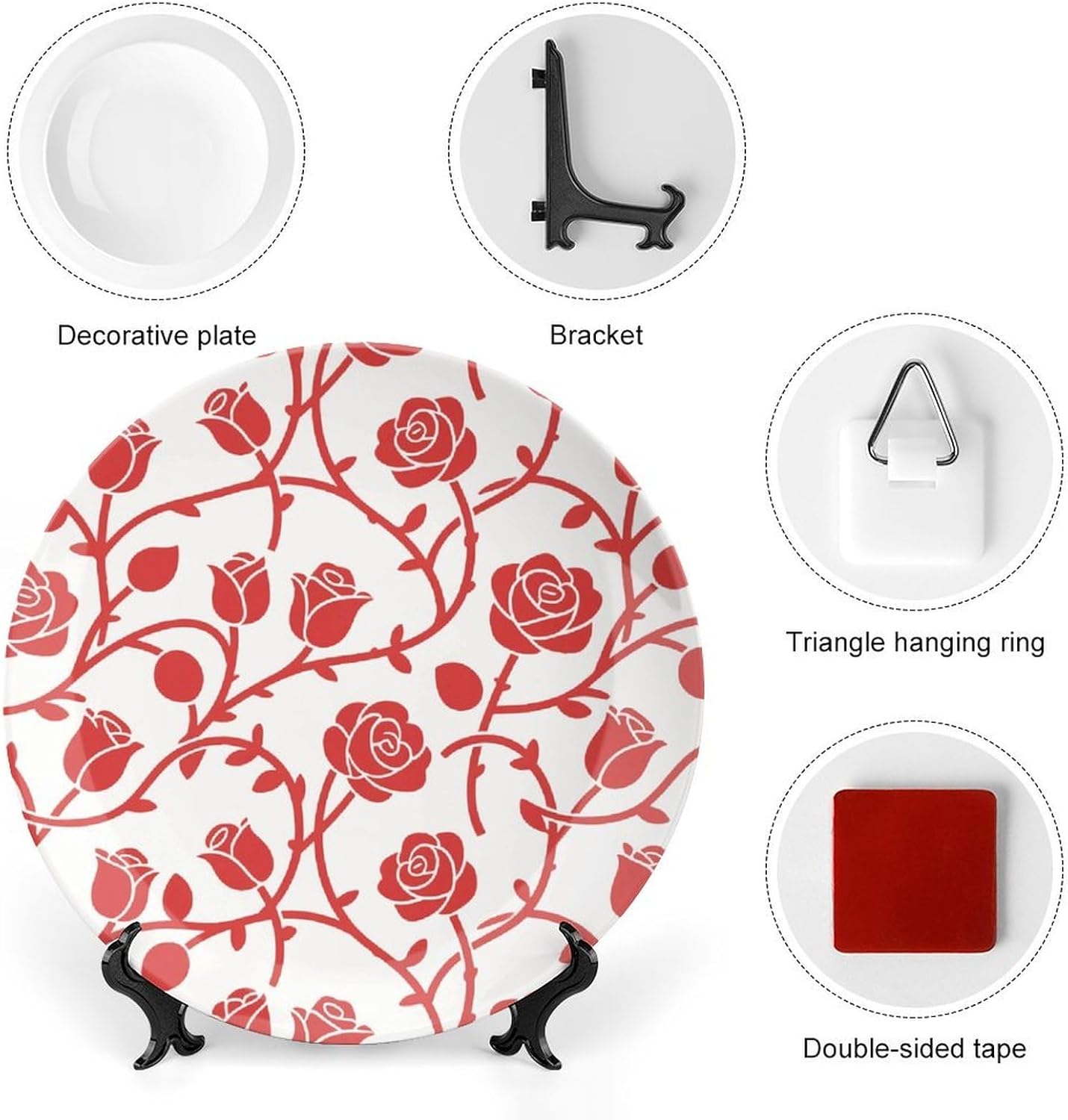 Red Rose Vine Decorative Plates Bone China Plates with Stand for Display 10inch Round Ceramic Dinner Plates Dessert Plate for Kitchen Party Coffee Table Decor Art