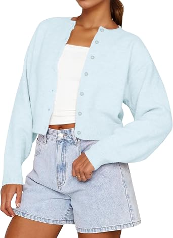 Women Casual Open Front Button Down Cropped Cardigan Sweaters Y2k Crewneck Long Sleeve Fall Knitwear Teen Clothes