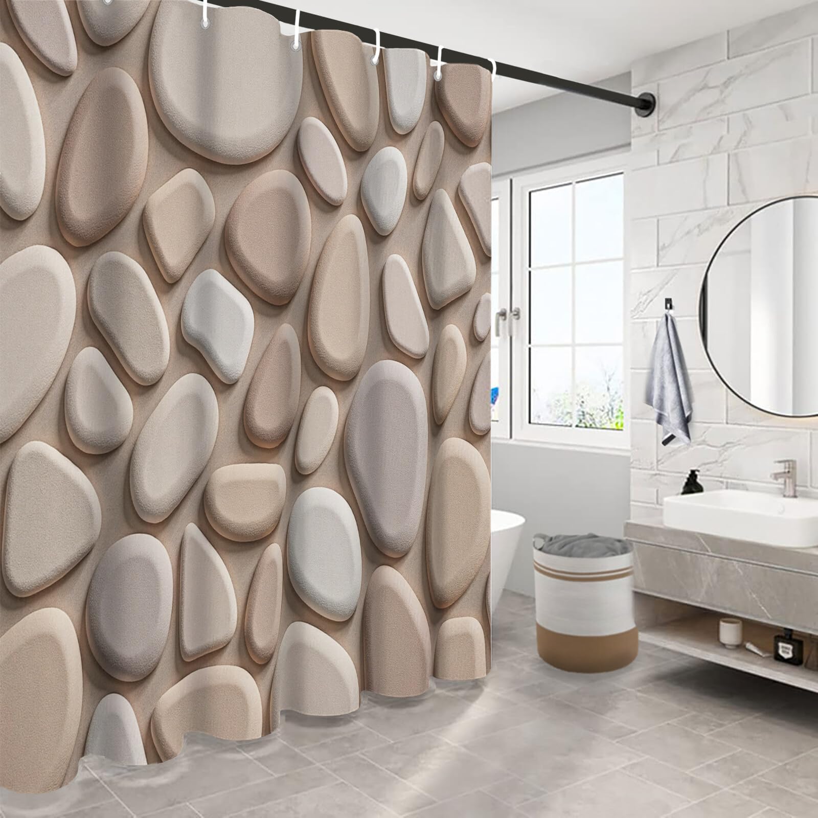 Rideau Douche, Rideau Baignoire Lavable en Machine Rideaux Douche Tissus Lavable Rideau De Baignoire Lavable pour Salle De Bain Domicile Baignoire Famille, Galets Personnalisés,
