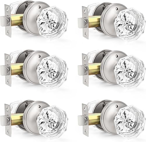 Orger Paquete de 6 pomos de puerta de privacidad, manijas de puerta de vidrio transparente con acabado de níquel satinado, manijas de puerta
