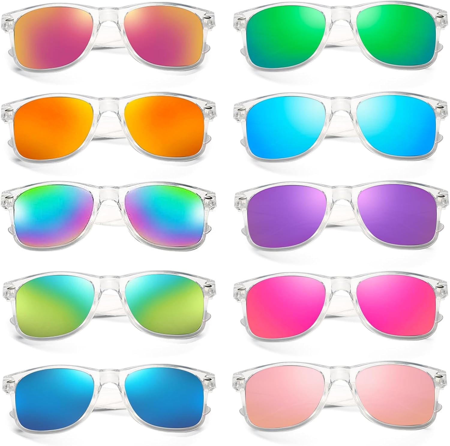 10/20 Pack Colored Sunglasses Mirrored Lens Bulk Party Glasses Classic Eyewear Birthday Beach Pool Unisex Adults