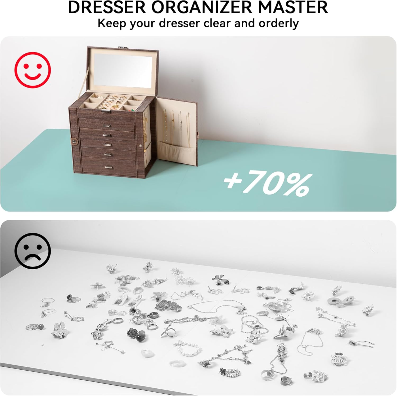 Frebeauty Large Jewelry Box,6-Tier PU Leather Jewelry Organizer,Multi-functional Storage Case with Mirror,Accessories Holder with 5 Drawers for Necklace Bracelets Watches(Tree Brown) - Image 6