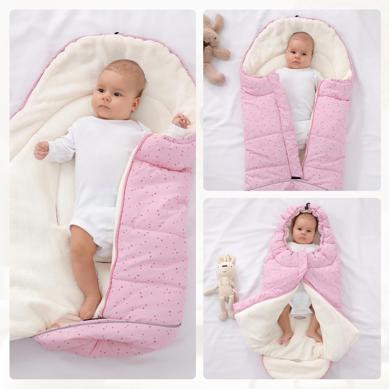 Sacchi Nanna per Bambino 3 Tog, Passeggino Sacco a pelo Neonato Coperta Universale Avvolgente 0-6 Mesi, Stella Rosa