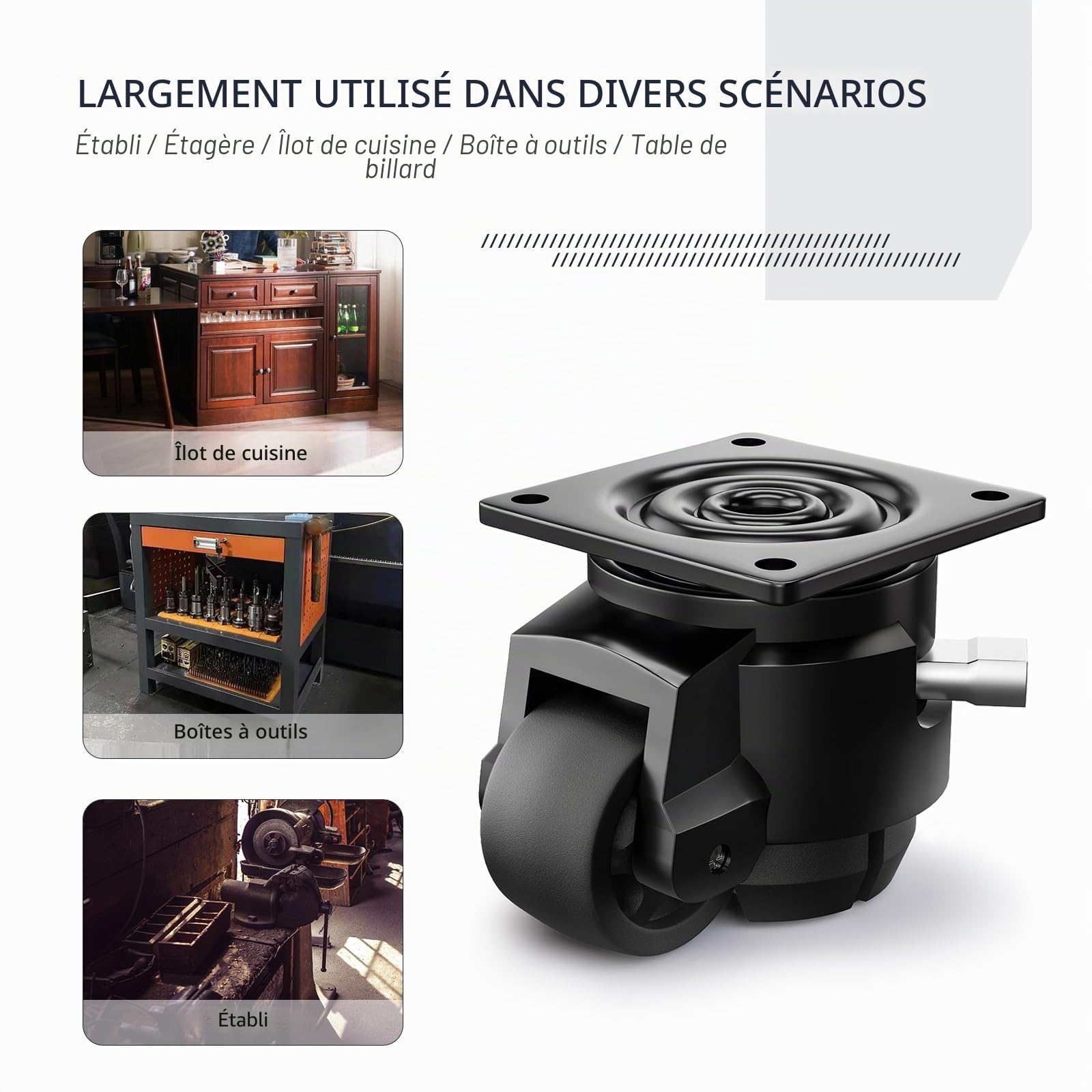 Lot de 4 roulettes de nivellement, réglables et robustes, avec plaque pivotante, roues rétractables industrielles pour établi, machine, équipement, étagères (150 F, capacité de 998 kg, noir)