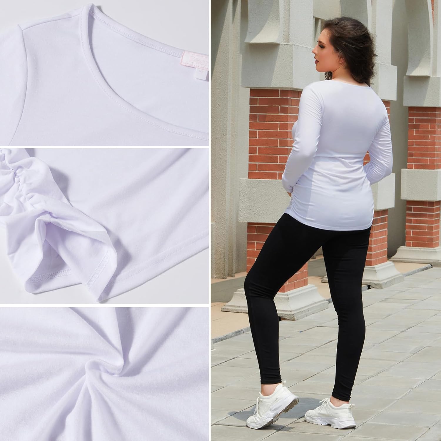 Maternity Shirt Long Sleeve Basic Top Ruch Sides Bodycon Tshirt for Pregnant Women - Image 5