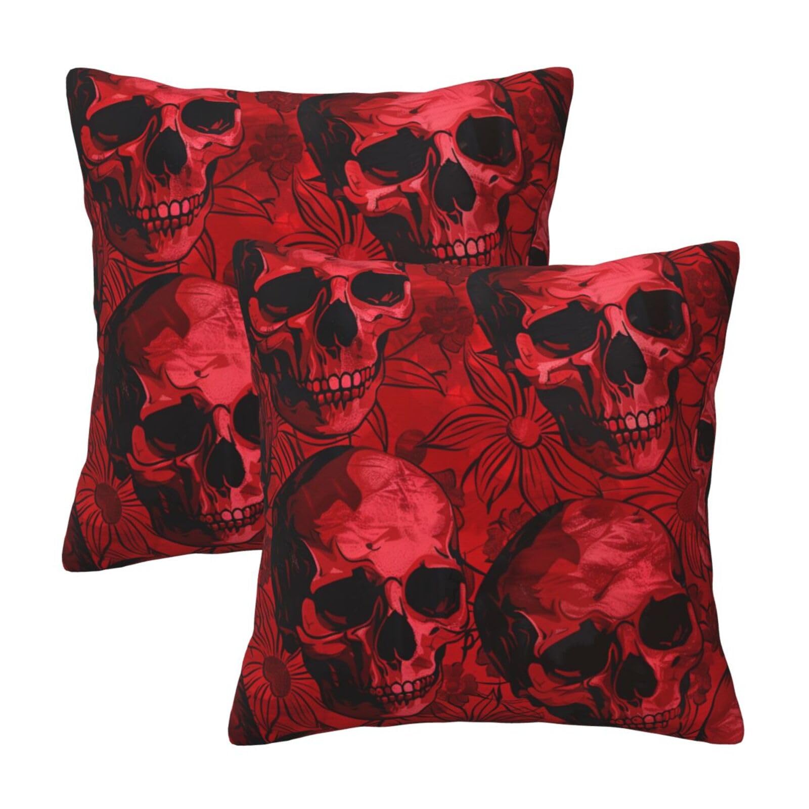 Red Skulls Throw Pillow Cases 2 Pack Square Pillowcases Soft Pillow Protectors for Couch Livingroom Sofa Bed Office Car,40x40 CM