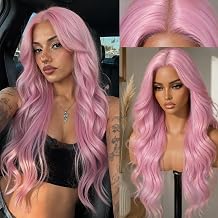 KOME Pastel Pink Synthetic Lace Front Wig,T Part Glueless Long Body Wavy Wigs With Bangs for Women Cosplay Daily Use 28IN