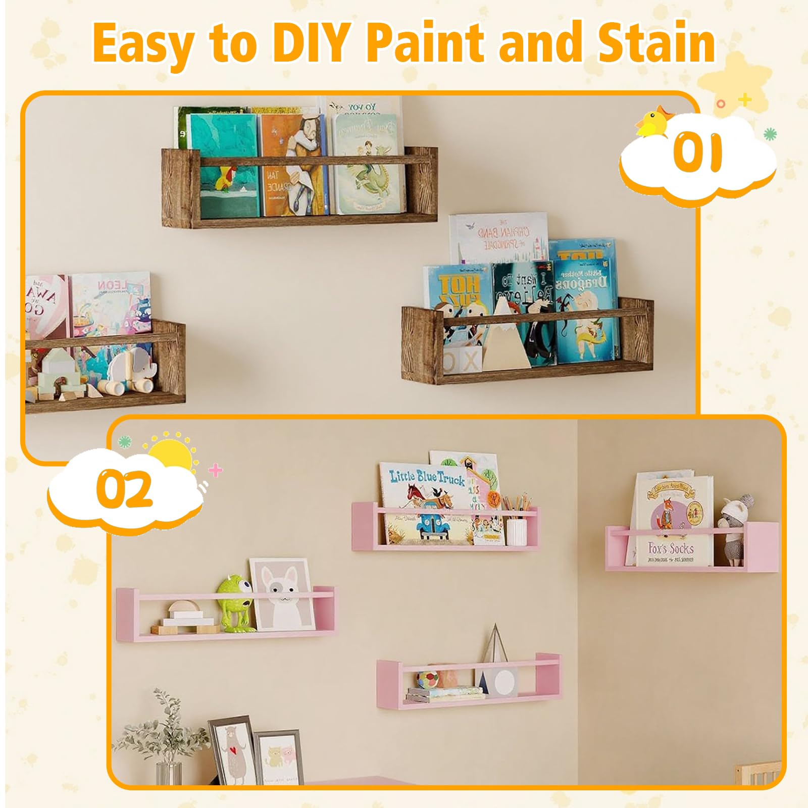 SOONHUA Estanteria Infantil Pared, Juego de 4 Estantes Flotantes de Madera, Estantes Pared de Madera Maciza, Baldas Flotantes para Libros y Juguetes, para Habitación Infantil