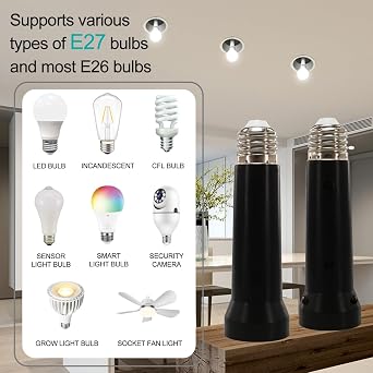 Light Socket Extender, E26/E27 Socket Extension Adapter, 5.31 inch Light Bulb Extension Socket, Light Bulb Socket Extender, Screw in Lamp Holder Adapter (Black 6Pack)