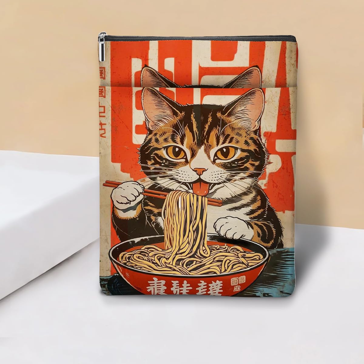 Japanese Kimono Cat Ocean Book Sleeve, Book Lovers Gifts Sleeve with Zipper & Front Pocket, 11.5x8.8 Inch Canvas Books Cover Protector Bookish Cat Lover Gifts for Readers Women Friend Birthday Gift — view 7