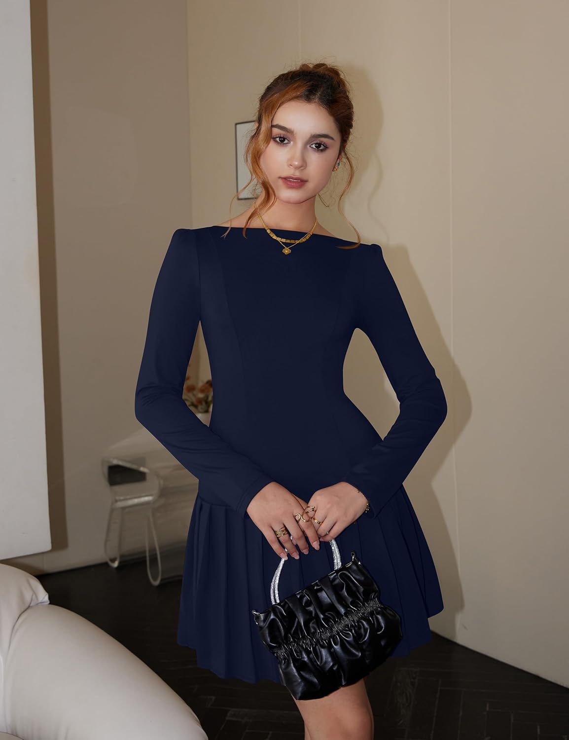 Women's Long Sleeve Mini Dress Sexy Boat Neck Pleated A-line Party Dresses - Image 5