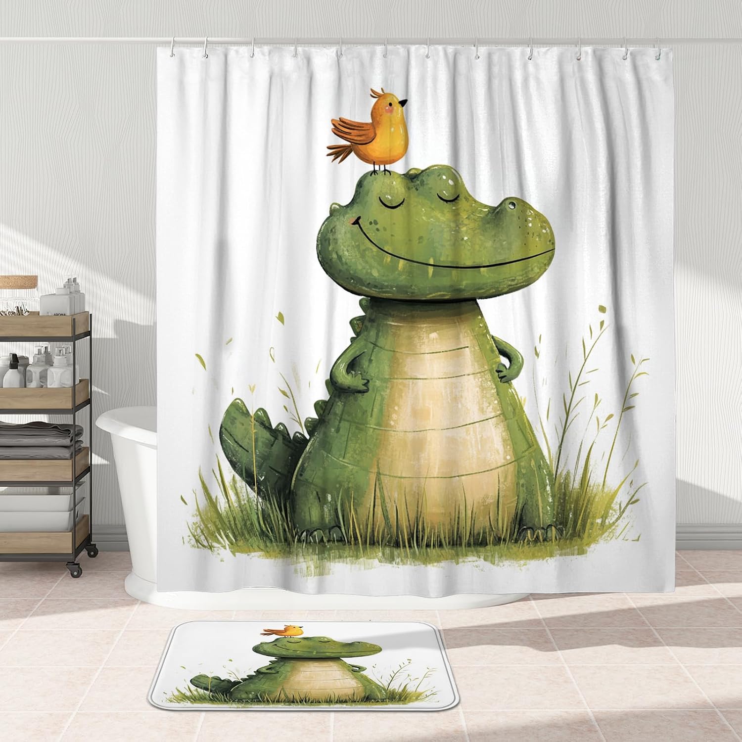 3PCS Cartoon Fun Crocodile Bathroom Accessory Set with Two Non-Slip Washable Bath Rugs (16x24&20x32), Kid Alligator Anime Bathroom Mat Decorative-72''x72'''
