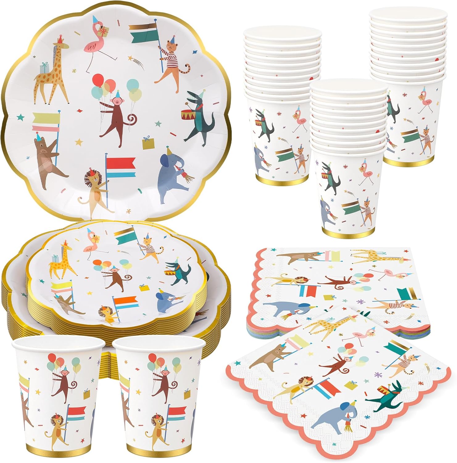 Maxdot 240 Pcs Animal Parade Party Plates Set, Including 9 Inch and 7 Inch Animal Parade Paper Scalloped Plates, Cute Disposable Napkins and Paper Cups for Kids Birthday Decorations, Baby Shower