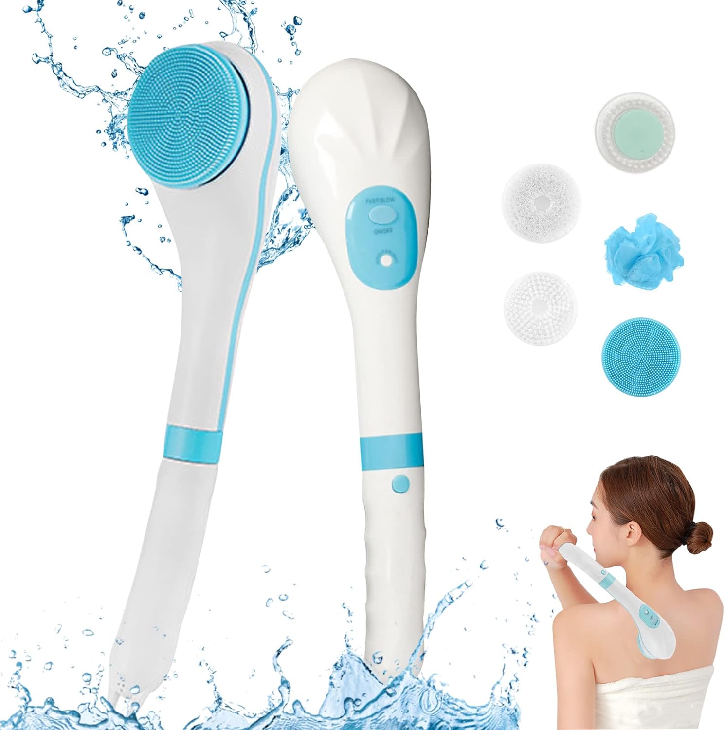 Electric Body Brush for Showering & Exfoliation Long Handle Waterproof USB Silicone Scrubber