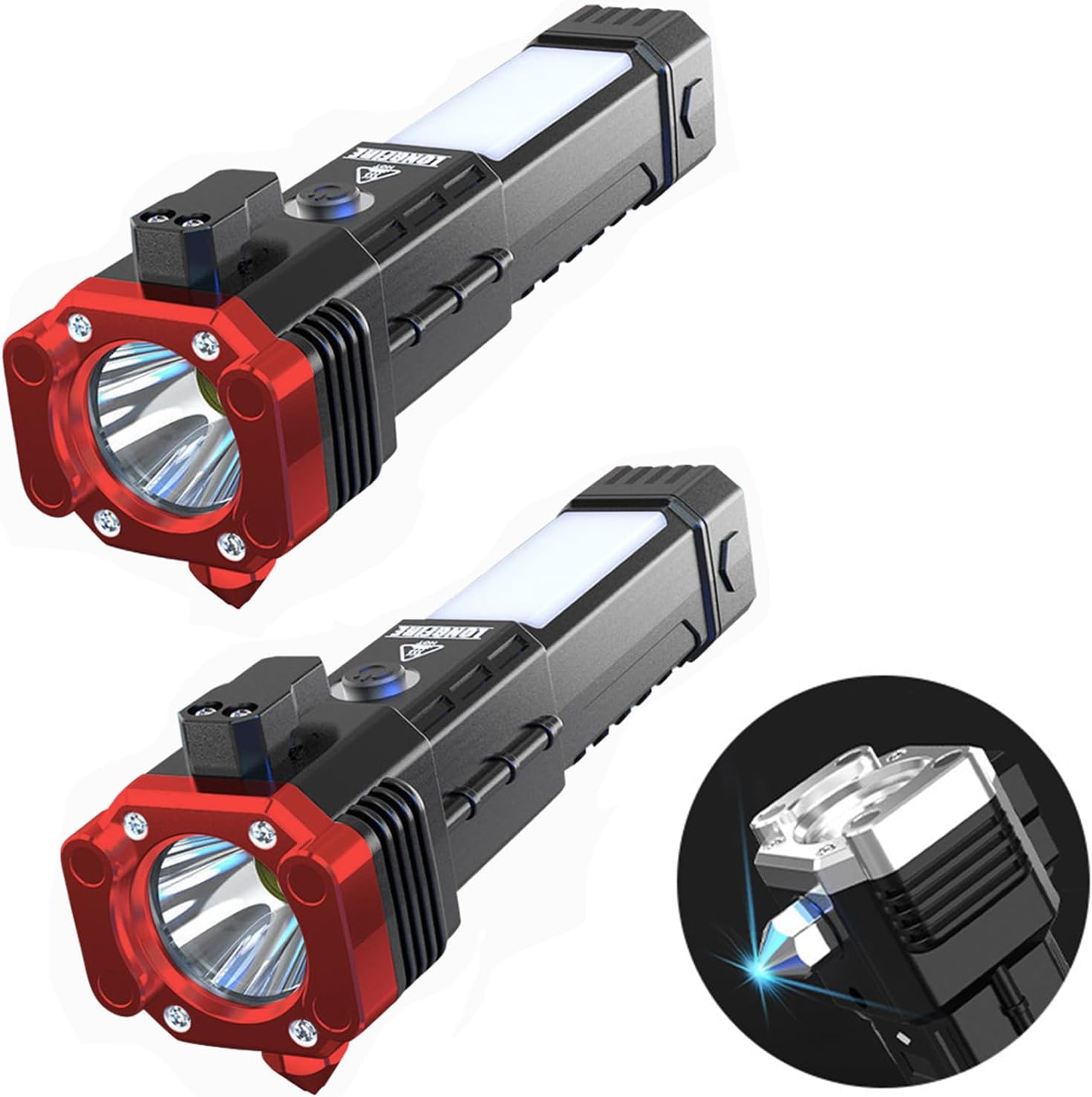 KidmisCar Flashlight Multifunctional Torch, Camping Torches LED Super Bright Rechargeable, 12000 Lumens Special Forces Strong Light Flashlight with Safety Hammer [Energy Class A+++] (Red 2pcs)