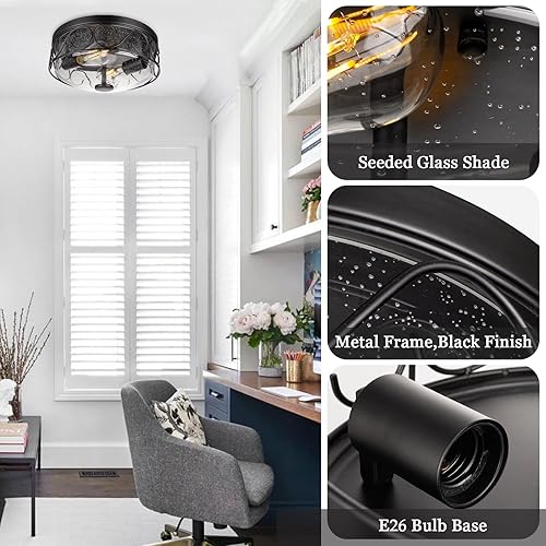 Miniatura 3 de Lámpara de techo industrial empotrada, cerca de techo con jaula de metal negro, lámpara de techo de 2 luces con vidrio de burbujas para cocina,