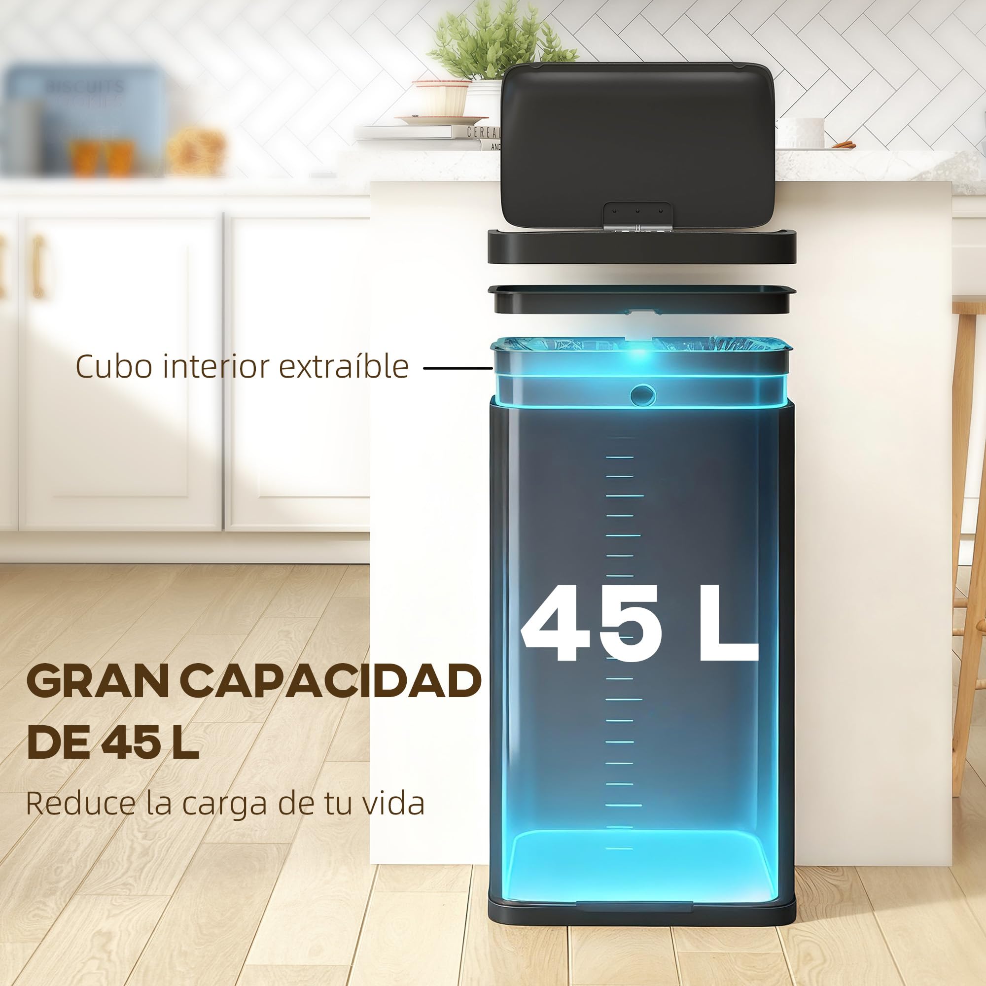 HOMCOM Cubo de Basura Cocina Automático 45 L, Papelera de Cocina de Metal con Sensor Infrarrojo, Cierre Suave, Cubo Interior Extraíble, Antihuellas, para Oficina, Hogar, Negro