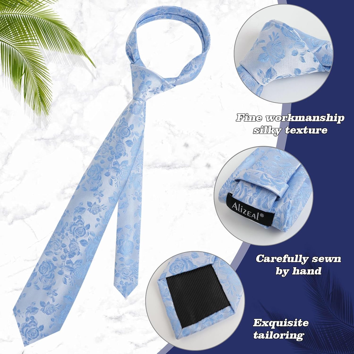 Alizeal Mens 3.15inches Rose Pattern Necktie with Floral Handkerchief Set - Image 4